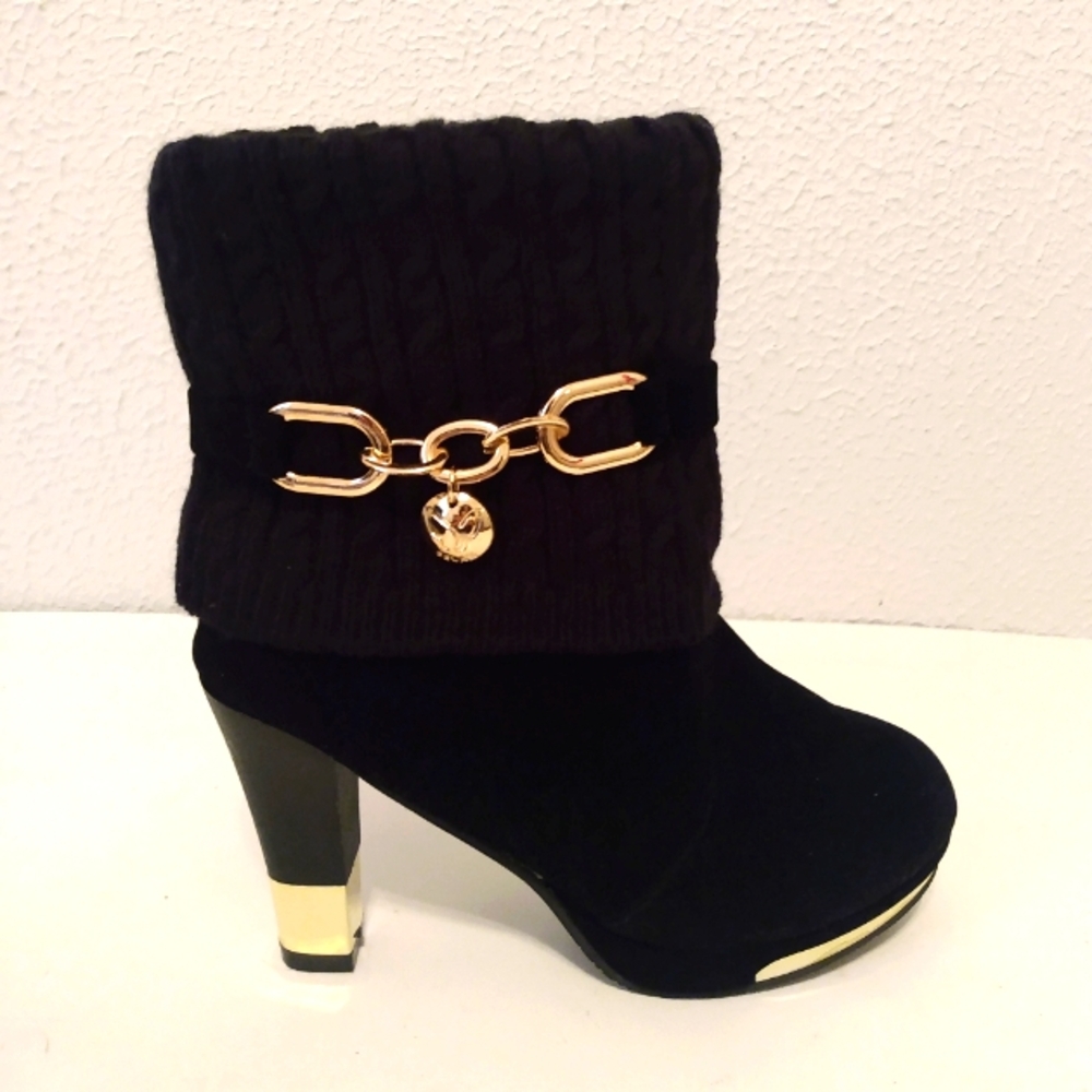 Black Velvet Gold Chain Charm Rib Sock Top Ankle 3 3/4" Heel Boots sz 40
